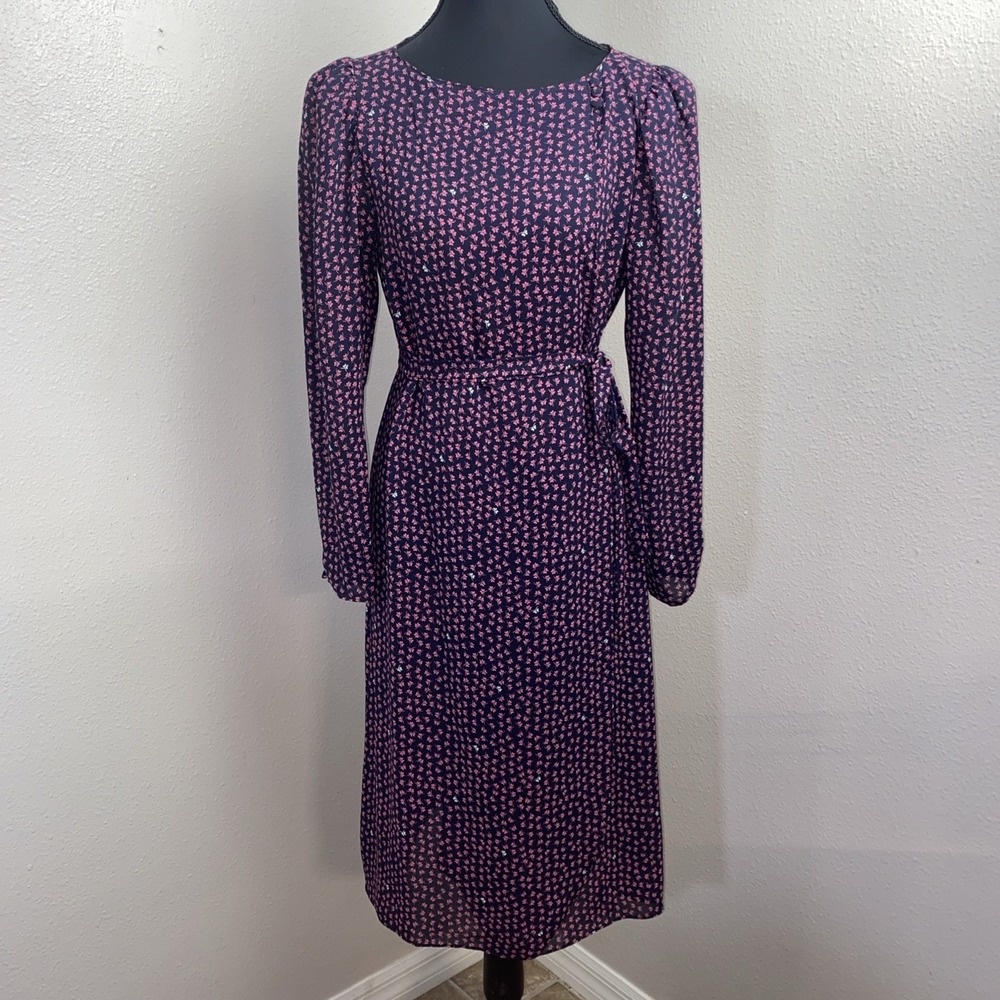 Vtg Jody California Wrap Dress Women's 8/10 Navy & Pink Butterly Shoulder Pads‎